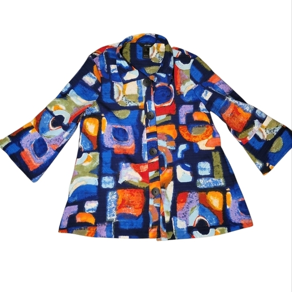 Ali Miles Colorful Artsy Button Blazer Jacket Women's Small Flare Sleeves Pocket - Picture 2 of 8